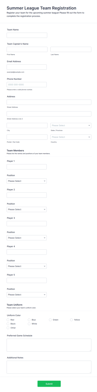 Summer League Team Registration Form Template