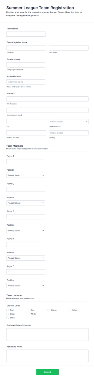Summer League Team Registration Form Template