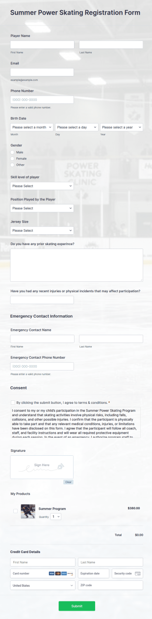 Summer Power Skating Registration Form Template