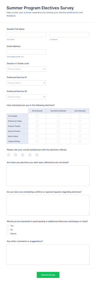 Summer Program Electives Survey Form Template