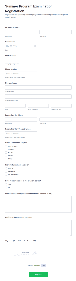 Summer Program Examination Registration Form Template