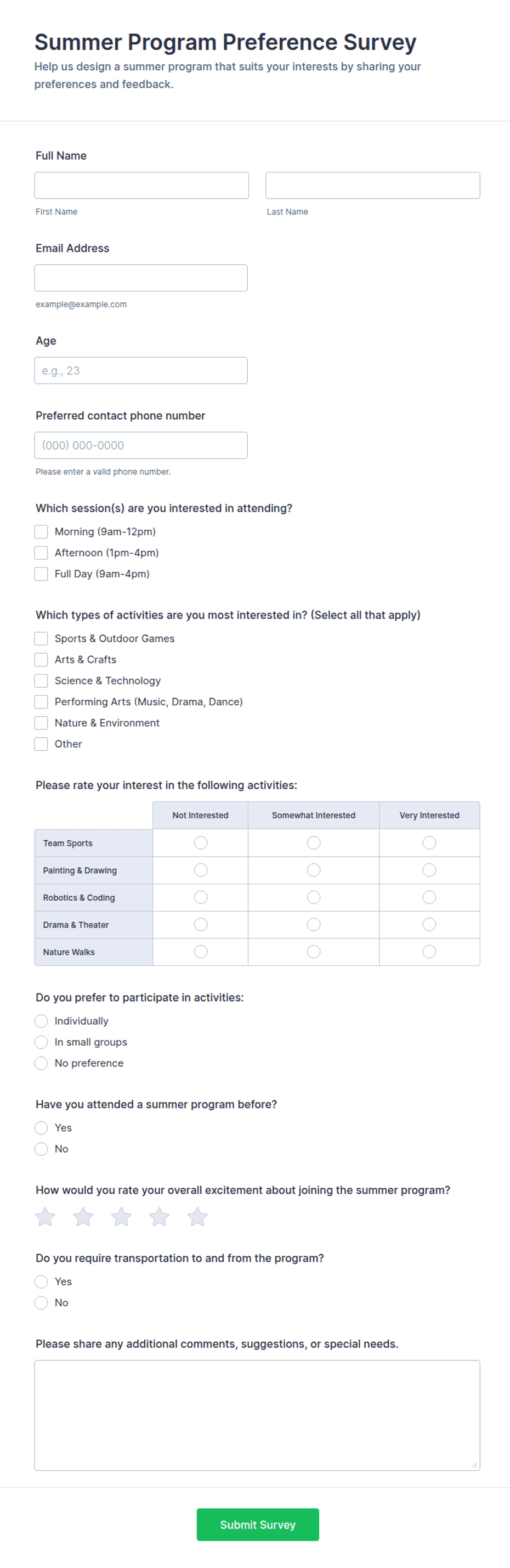 Summer Program Preference Survey Form Template | Jotform