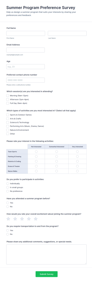 Summer Program Preference Survey Form Template