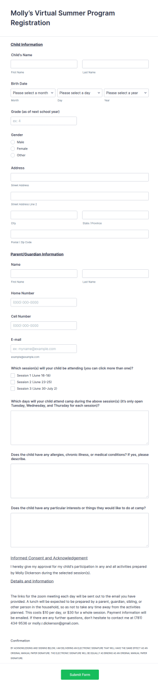 Summer Program Registration Form Template