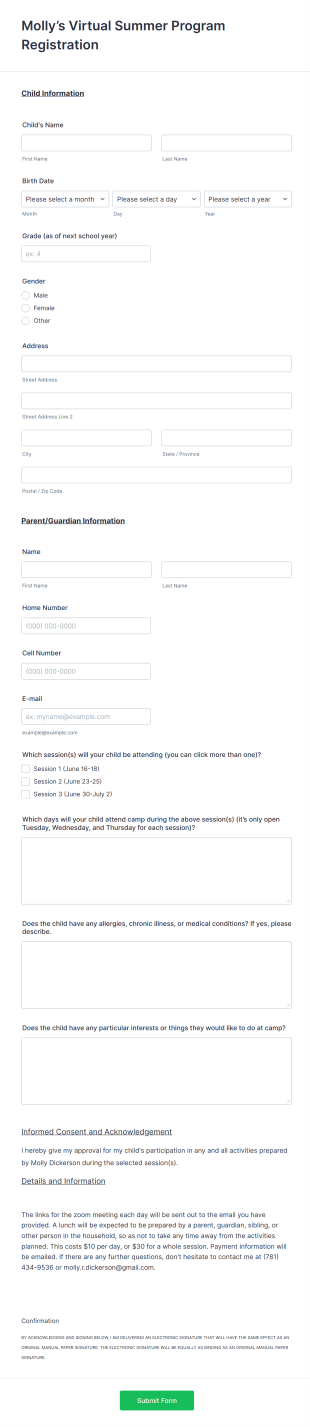Summer Program Registration Form Template