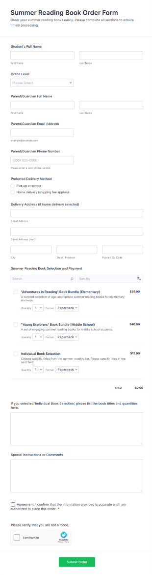Summer Reading Book Order Form Template