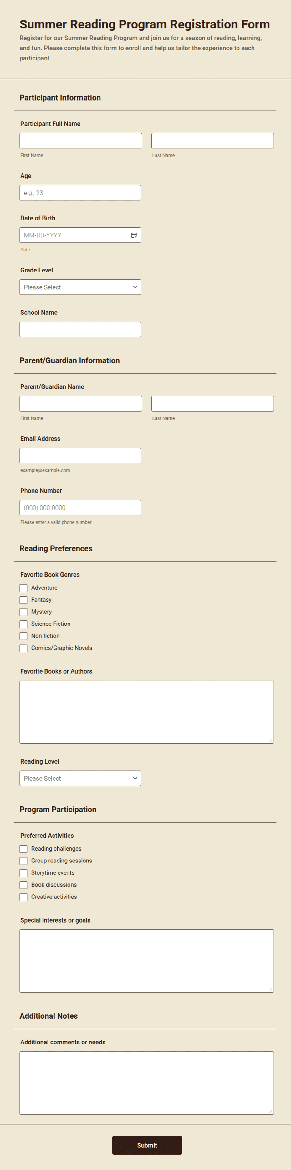 Summer Reading Program Registration Form Template | Jotform