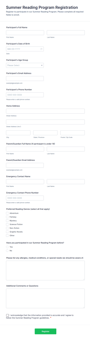 Summer Reading Program Registration Form Template