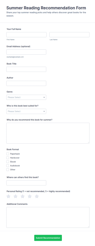Summer Reading Recommendation Form Template
