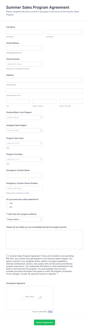 Summer Sales Program Agreement Form Template