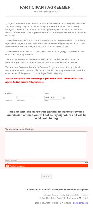 Summer School Agreement Form Template