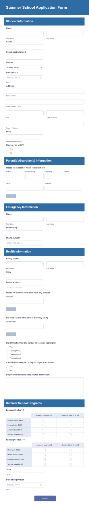 Summer School Application Form Template
