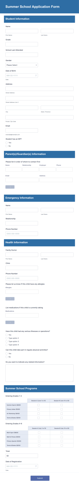 Summer School Application Form Template