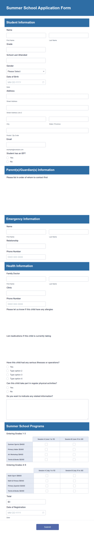 Summer School Application Form Template