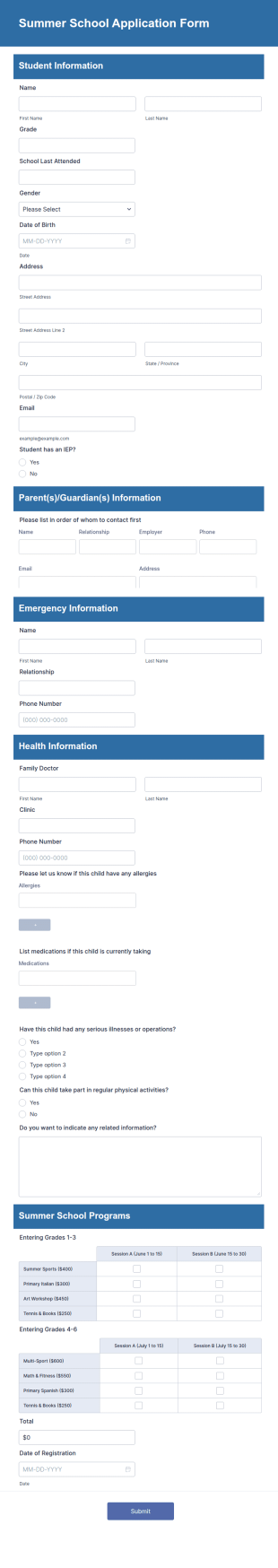 Summer School Application Form Template