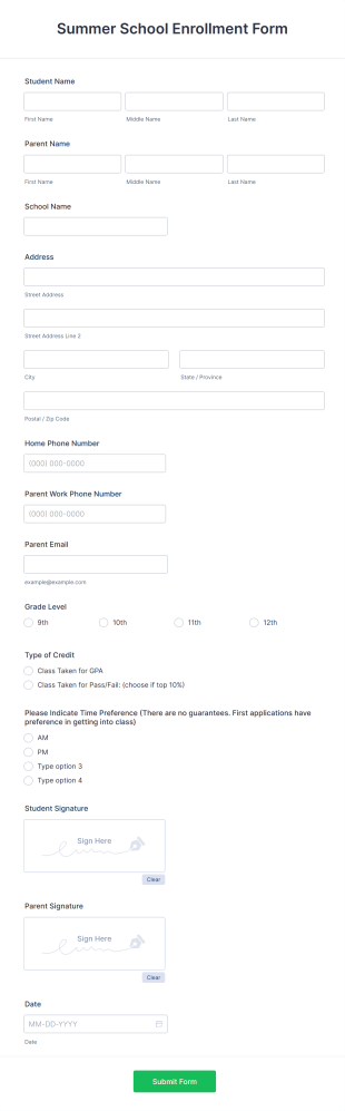 Summer School Enrollment Form Template
