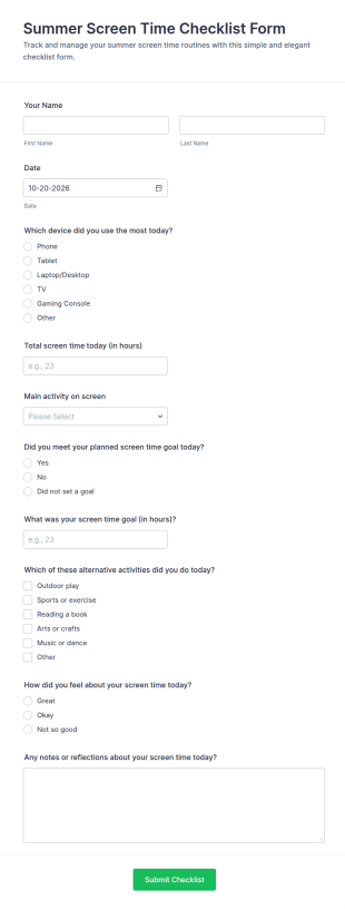 Summer Screen Time Checklist Form Template