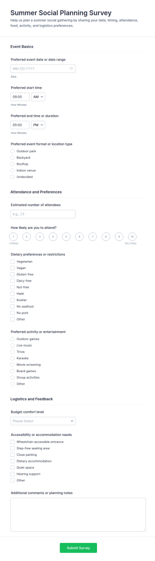 Summer Social Planning Survey Form Template