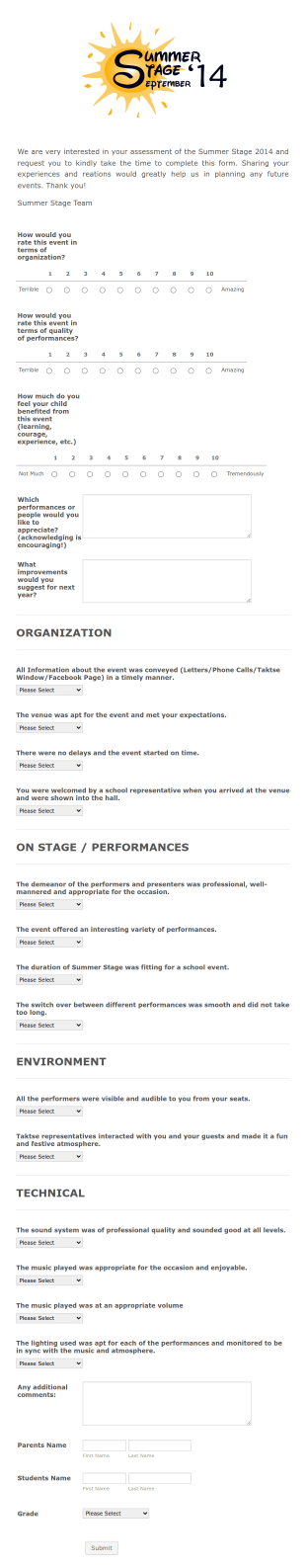 Summer Stage Feedback Form Template