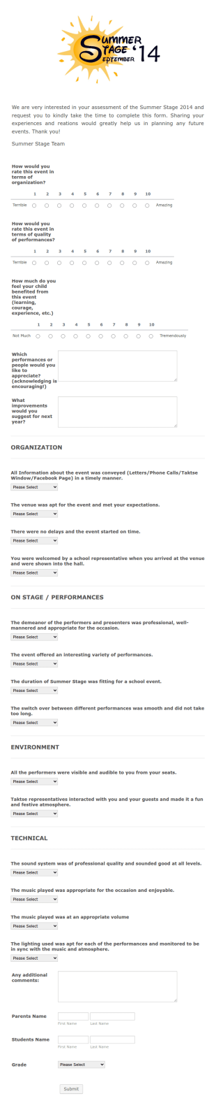 Summer Stage Feedback Form Template