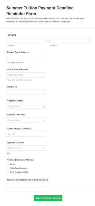 Summer Tuition Payment Deadline Reminder Form Template