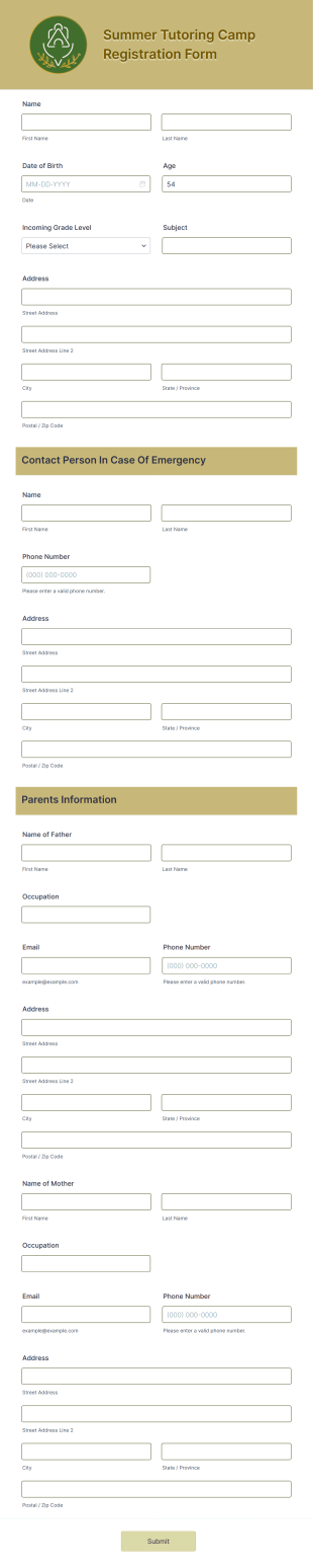 Summer Tutoring Camp Registration Form Template