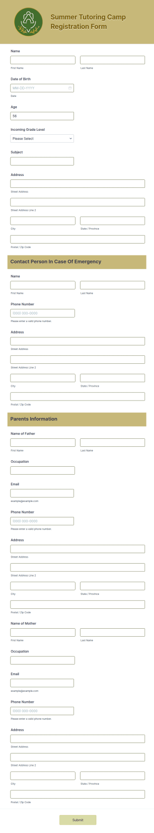 Summer Tutoring Camp Registration Form Template