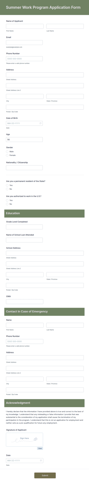 Summer Work Program Application Form Template