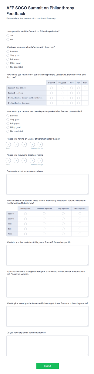 Philanthropy Summit Feedback Form Template