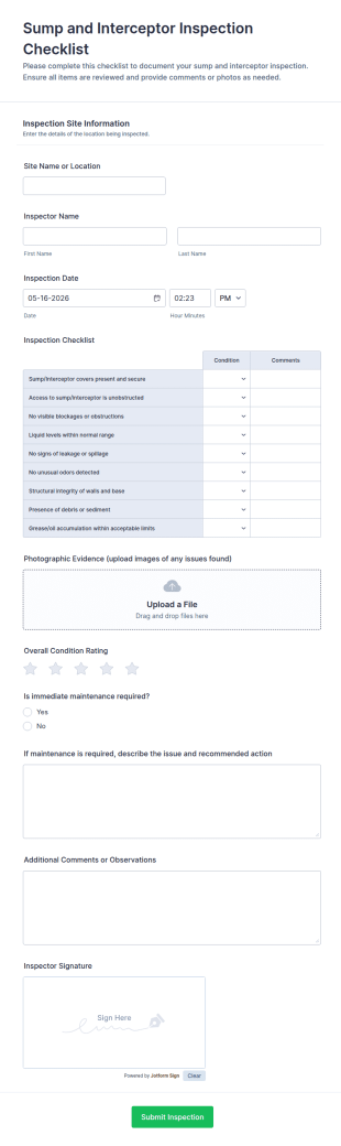 Sump And Interceptor Inspection Checklist Form Template