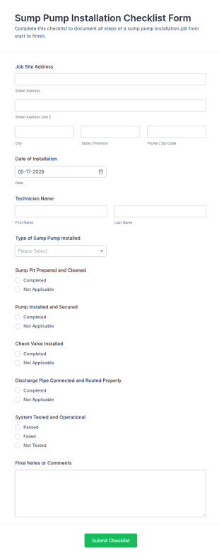 Sump Pump Installation Checklist Form Template