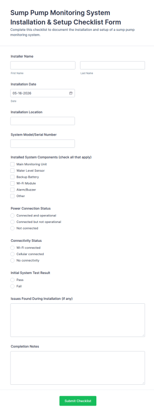 Sump Pump Monitoring System Installation & Setup Checklist Form Template