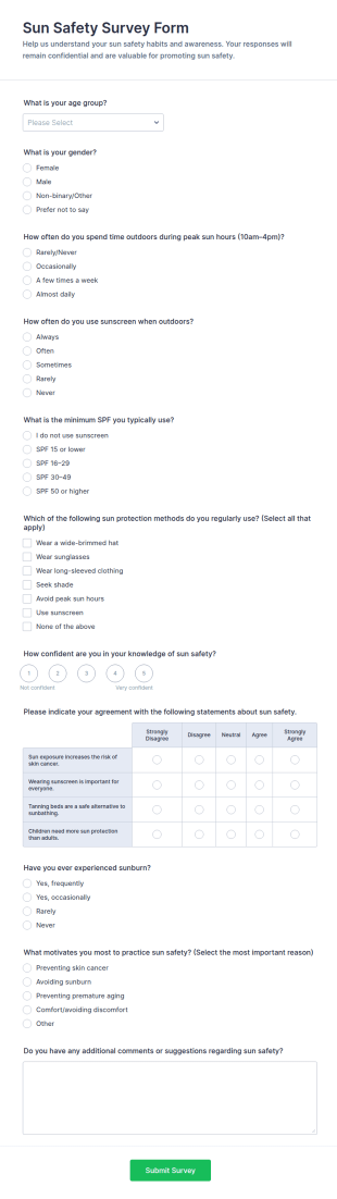 Sun Safety Survey Form Template