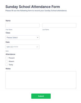 Sunday School Attendance Form Template