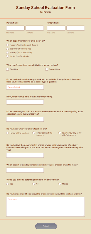 Sunday School Evaluation Form Template