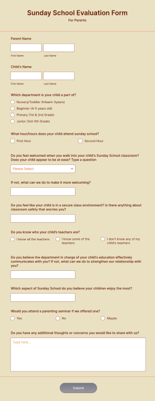 Sunday School Evaluation Form Template