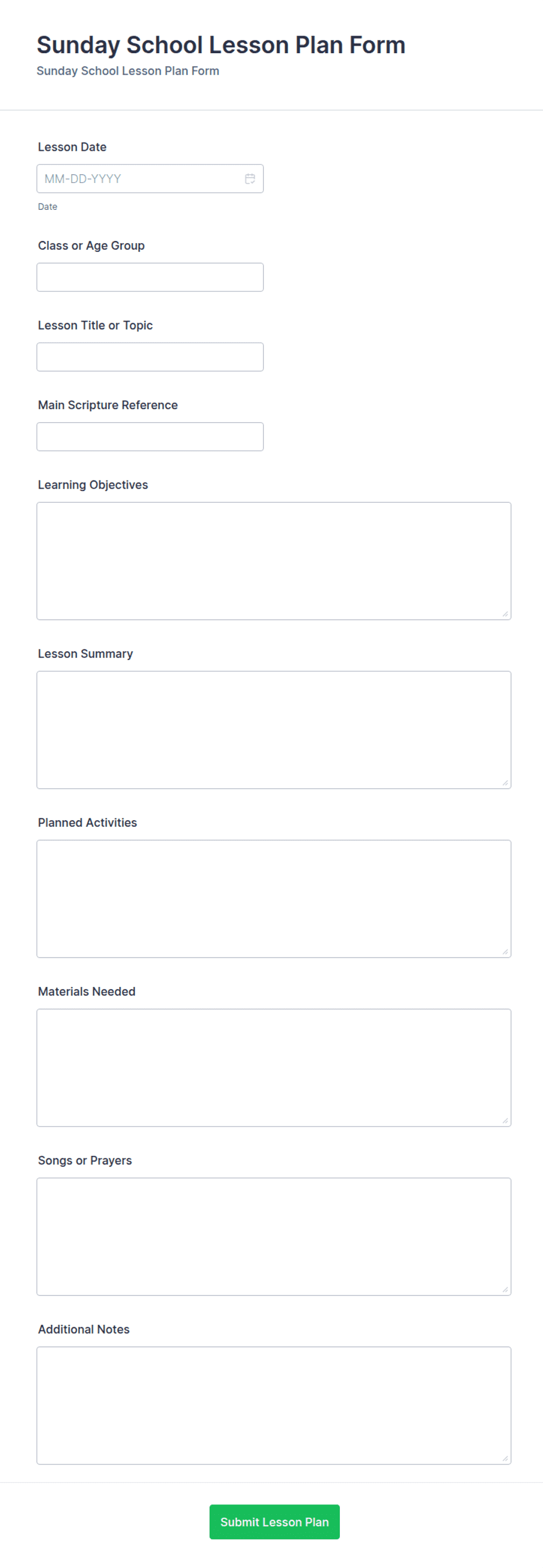 Sunday School Lesson Plan Form Template | Jotform