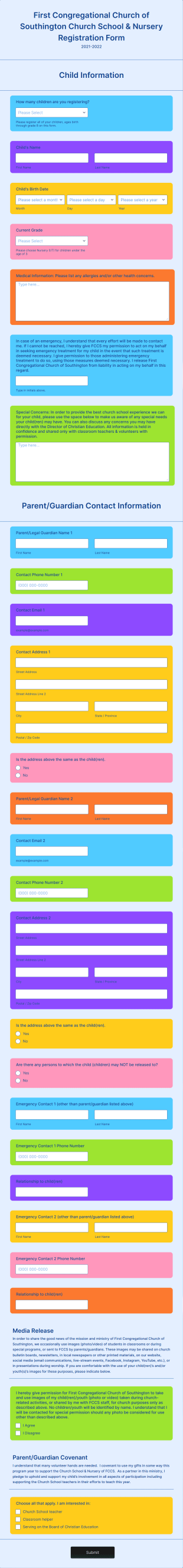 Sunday School/Nursery Registration Form Template