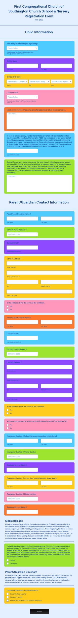 Sunday School/Nursery Registration Form Template