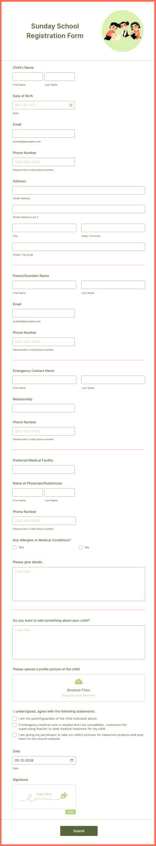Sunday School Registration Form Template