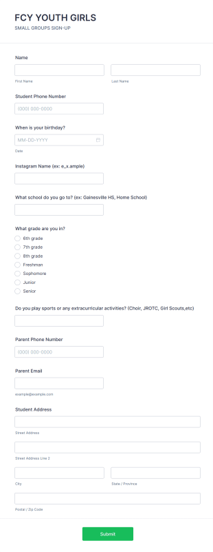 Sunday School Student Information Form Template