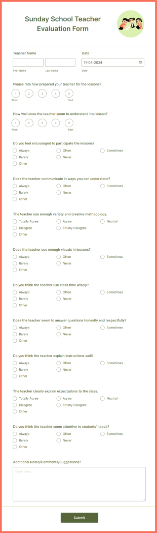 Sunday School Teacher Evaluation Form Template
