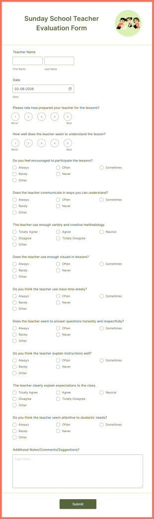 Sunday School Teacher Evaluation Form Template