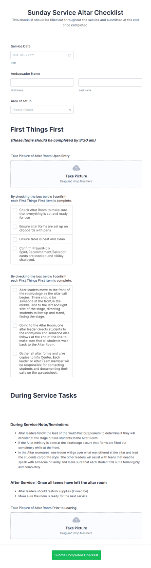 Sunday Service Altar Checklist Form Template