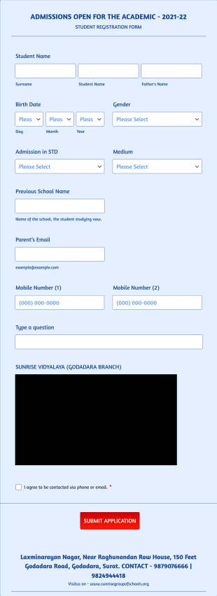 SUNRISE VIDYALAYA Student Registration Form 2021 22 Form Template