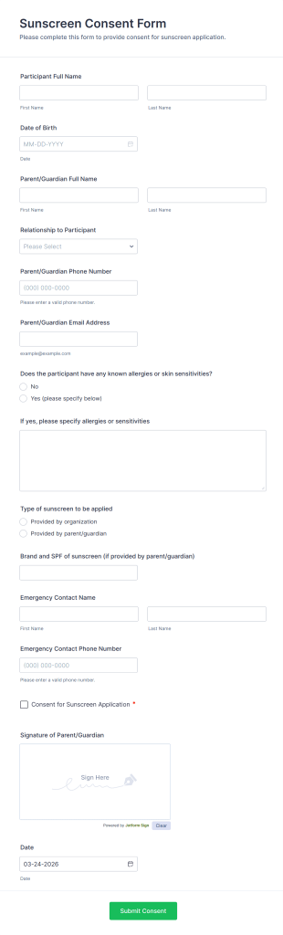 Sunscreen Consent Form Template