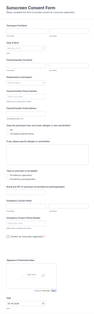 Sunscreen Consent Form Template