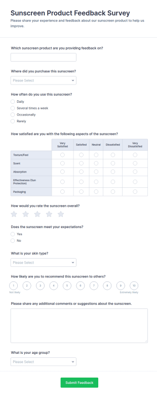 Sunscreen Product Feedback Survey Form Template