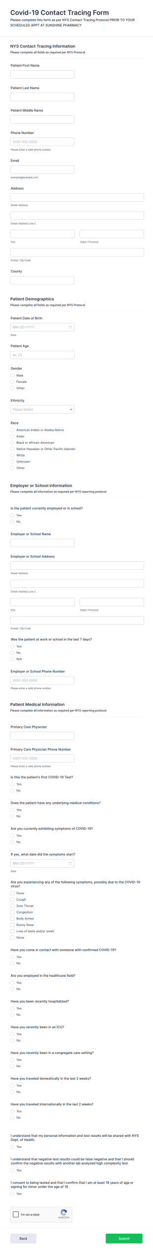 Sunshine Pharmacy Covid 19 Test NYS Reporting Form Template