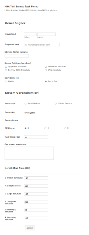 Sunucu Talep Form Şablonu